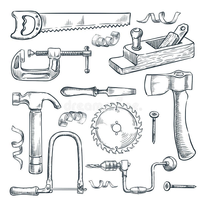 Woodwork and carpentry tools set. Carpenter workshop craft equipment, vector hand drawn sketch illustration. Wood material and furniture industry design elements. Woodwork and carpentry tools set. Carpenter workshop craft equipment, vector hand drawn sketch illustration. Wood material and furniture industry design elements